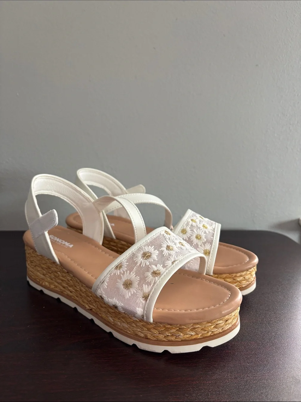 Girls White Daisy Espadrille Wedge Sandals with Ankle Strap